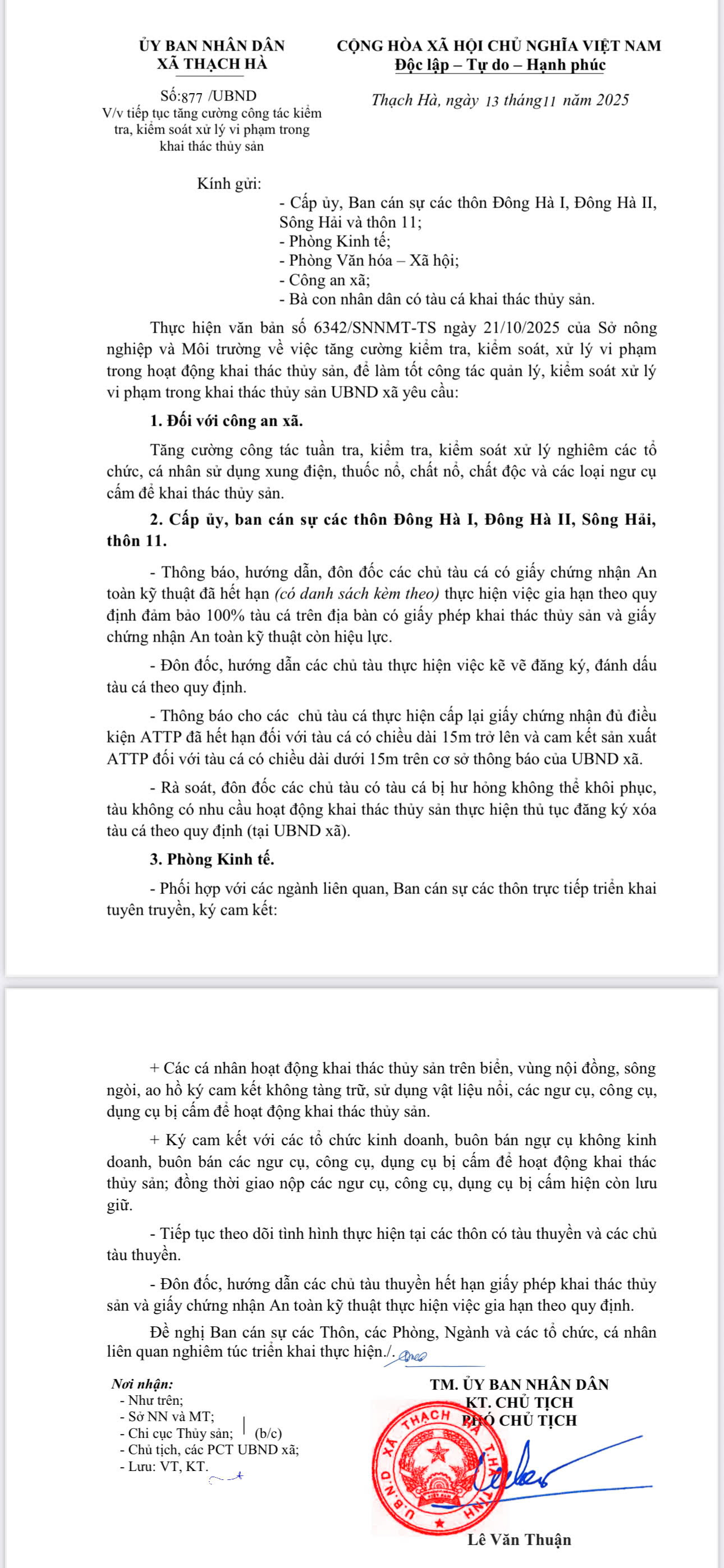 Xã Thạch Hà tiếp tục tăng cường công tác kiểm  tra, kiểm soát xử lý vi phạm trong  khai thác thủy sản  