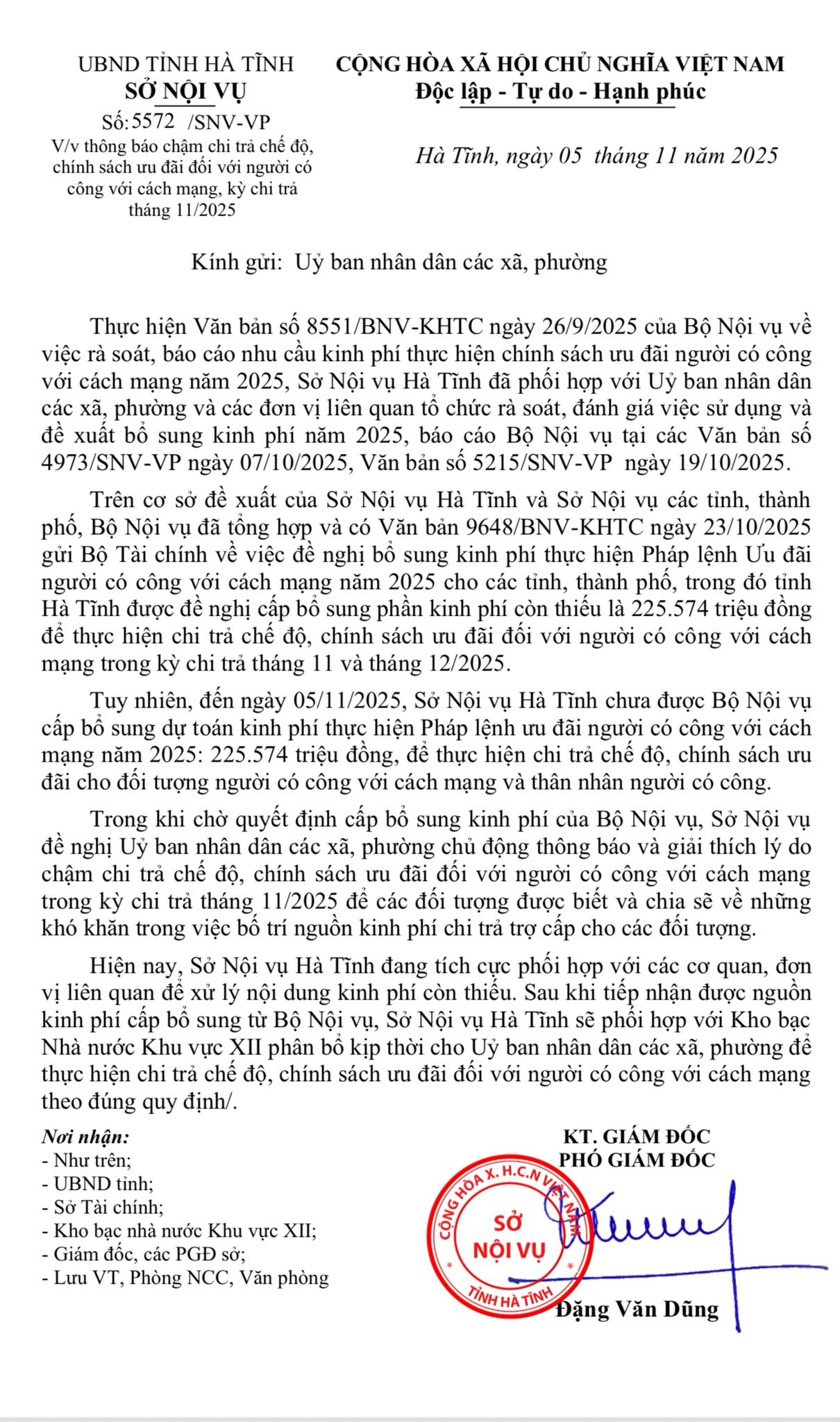 Thông báo về việc chậm chi trả chế độ, ưu đãi đối với người có công, kỳ chi trả tháng 11/2025.