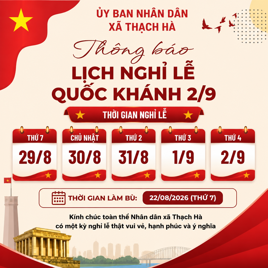 Thông báo thời gian nghỉ và hoán đổi ngày làm việc để nghỉ lễ Quốc khánh 2/9