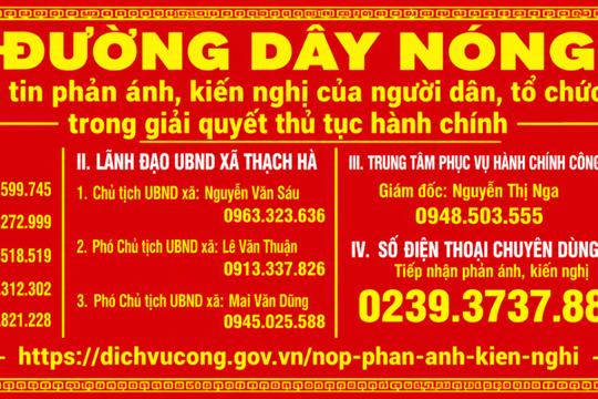 UBND xã Thạch Hà công khai địa chỉ và số điện thoại Tiếp nhận thông tin phản ánh, kiến nghị của người dân, doanh nghiệp trong giải quyết thủ tục hành chính 