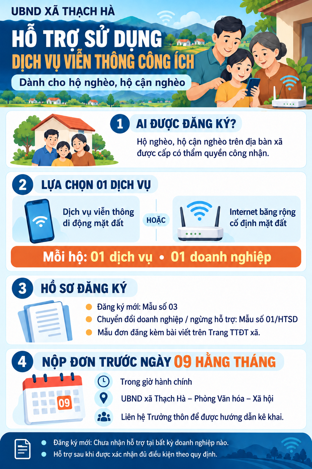 Xã Thạch Hà Thông báo đăng ký hỗ trợ sử dụng Dịch vụ Viễn thông công ích (VTCI) cho Hộ nghèo, Hộ cận nghèo